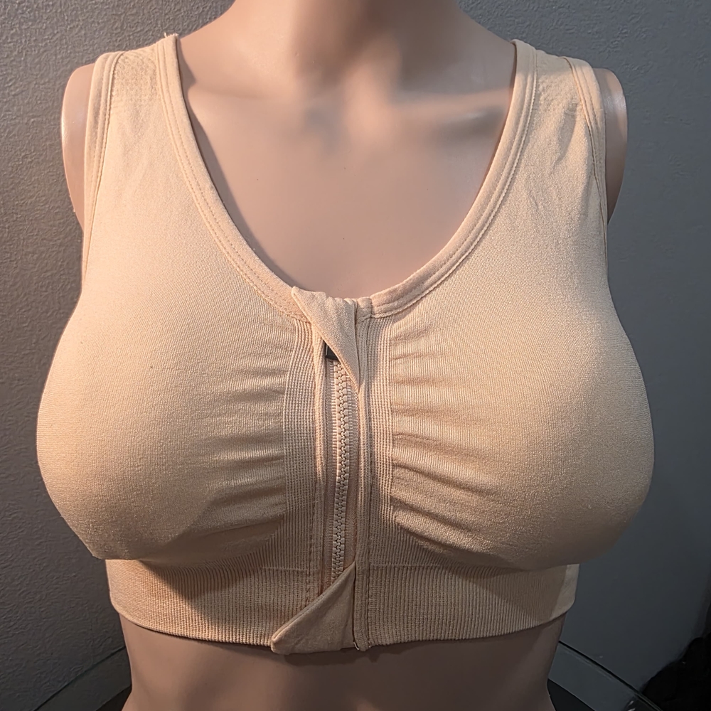 Beige Zip-Front Sports Bra